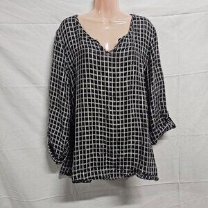 FLAX V Neck Popover Plaid Top Blouse Size M Black